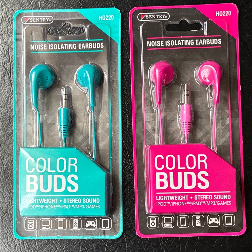 Teal and Pink Noise Isolating Earbuds for music.